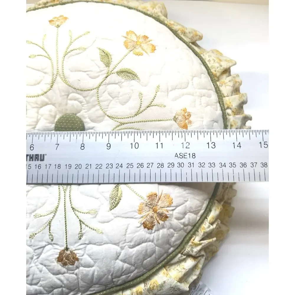 Grandma Core Yellow Sage Green Round Ruffled VTG. Cottage Core Pillow JCP Home